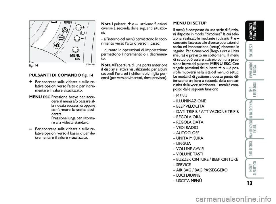 Abarth 500 2010  Libretto Uso Manutenzione (in Italian) 13
SICUREZZA
AVVIAMENTO 
E GUIDA
SPIE 
E MESSAGGI
IN EMERGENZA
MANUTENZIONE
E CURA
DATI TECNICI
INDICE 
ALFABETICO
CONOSCENZA
DELLA VETTURA
PULSANTI DI COMANDO fig. 14
+Per scorrere sulla videata e su