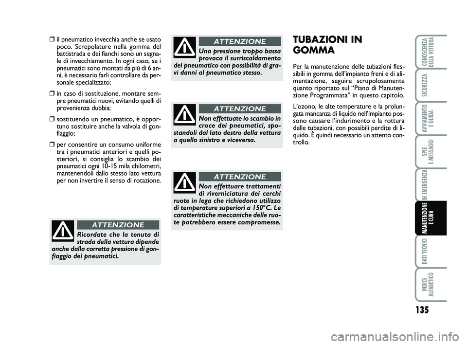 Abarth 500 2009  Libretto Uso Manutenzione (in Italian) 135
SPIE 
E MESSAGGI
DATI TECNICI
INDICE 
ALFABETICO
CONOSCENZADELLA VETTURA
SICUREZZA
AVVIAMENTO 
E GUIDA
IN EMERGENZA
MANUTENZIONE
E CURA
TUBAZIONI IN
GOMMA
Per la manutenzione delle tubazioni fles-