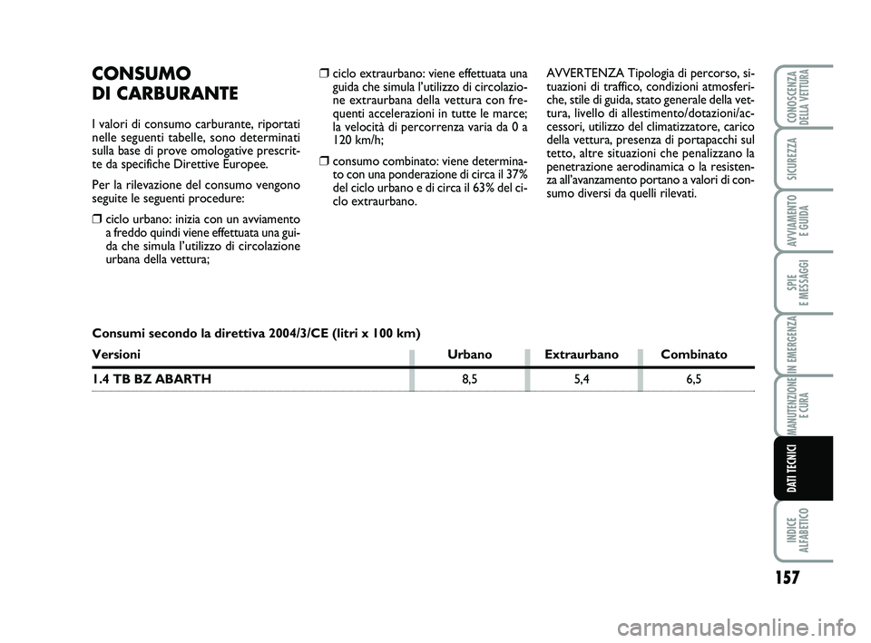 Abarth 500 2008  Libretto Uso Manutenzione (in Italian) ❒ciclo extraurbano: viene effettuata una
guida che simula l’utilizzo di circolazio-
ne extraurbana della vettura con fre-
quenti accelerazioni in tutte le marce;
la velocità di percorrenza varia 