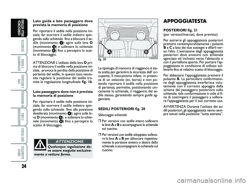 Abarth 500 2008  Libretto Uso Manutenzione (in Italian) 24
SICUREZZA
AVVIAMENTO 
E GUIDA
SPIE 
E MESSAGGI
IN EMERGENZA
MANUTENZIONE
E CURA 
DATI TECNICI
INDICE 
ALFABETICO
CONOSCENZA
DELLA VETTURA
Lato guida e lato passeggero dove
prevista la memoria di po