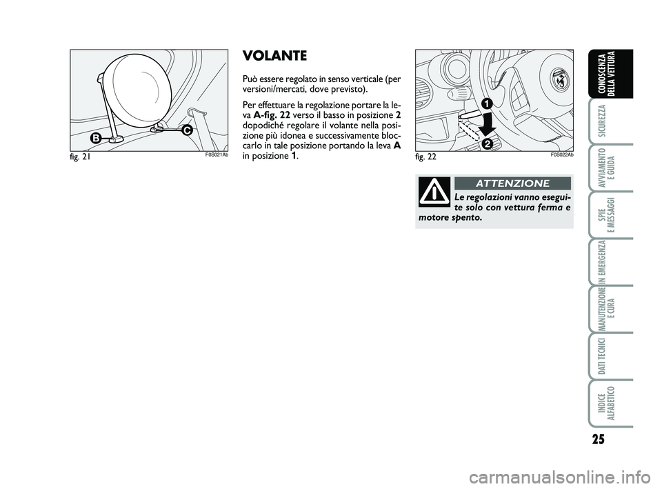 Abarth 500 2009  Libretto Uso Manutenzione (in Italian) 25
SICUREZZA
AVVIAMENTO 
E GUIDA
SPIE 
E MESSAGGI
IN EMERGENZA
MANUTENZIONE
E CURA
DATI TECNICI
INDICE 
ALFABETICO
CONOSCENZA
DELLA VETTURA
fig. 21F0S021Ab
VOLANTE
Può essere regolato in senso vertic