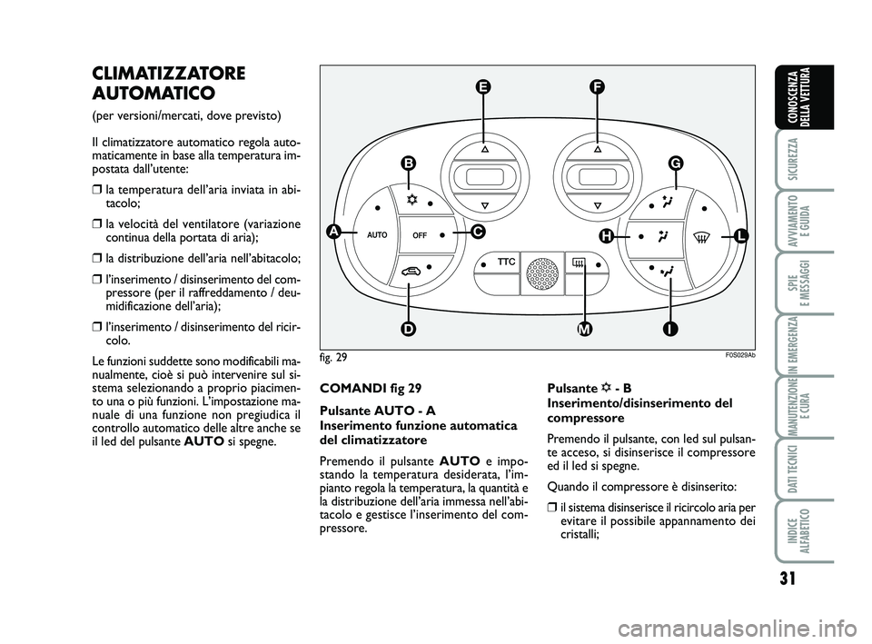 Abarth 500 2008  Libretto Uso Manutenzione (in Italian) 31
SICUREZZA
AVVIAMENTO 
E GUIDA
SPIE 
E MESSAGGI
IN EMERGENZA
MANUTENZIONE
E CURA
DATI TECNICI
INDICE 
ALFABETICO
CONOSCENZA
DELLA VETTURA
CLIMATIZZATORE
AUTOMATICO 
(per versioni/mercati, dove previ