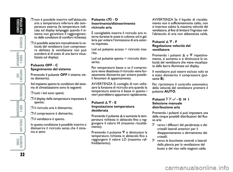 Abarth 500 2009  Libretto Uso Manutenzione (in Italian) 32
SICUREZZA
AVVIAMENTO 
E GUIDA
SPIE 
E MESSAGGI
IN EMERGENZA
MANUTENZIONE
E CURA 
DATI TECNICI
INDICE 
ALFABETICO
CONOSCENZA
DELLA VETTURA
❒non è possibile inserire nell’abitacolo
aria a temper