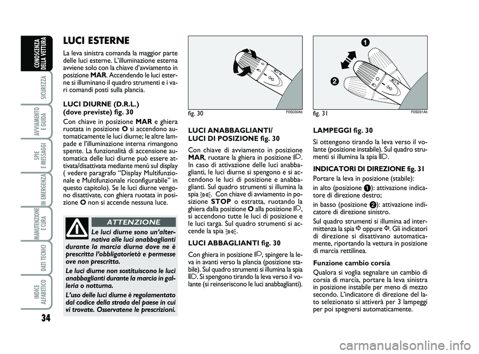 Abarth 500 2008  Libretto Uso Manutenzione (in Italian) 34
SICUREZZA
AVVIAMENTO 
E GUIDA
SPIE 
E MESSAGGI
IN EMERGENZA
MANUTENZIONE
E CURA 
DATI TECNICI
INDICE 
ALFABETICO
CONOSCENZA
DELLA VETTURA
LUCI ANABBAGLIANTI/
LUCI DI POSIZIONE fig. 30
Con chiave di