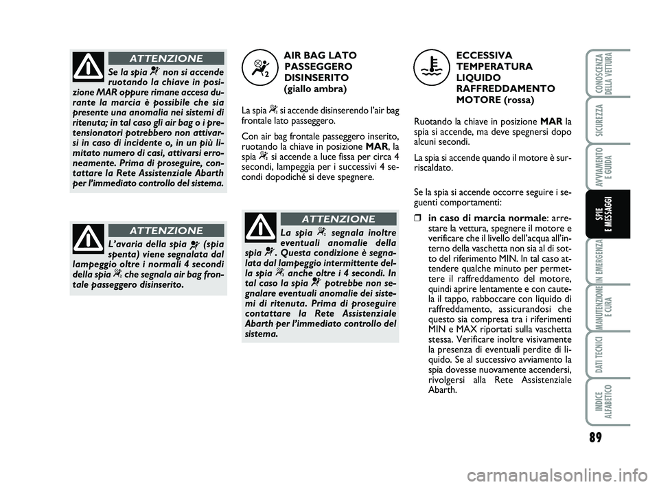 Abarth 500 2009  Libretto Uso Manutenzione (in Italian) 89
IN EMERGENZA
MANUTENZIONE
E CURA
DATI TECNICI
INDICE 
ALFABETICO
CONOSCENZADELLA VETTURA
SICUREZZA
AVVIAMENTO 
E GUIDA
SPIE 
E MESSAGGI
Se la spia ¬non si accende
ruotando la chiave in posi-
zione