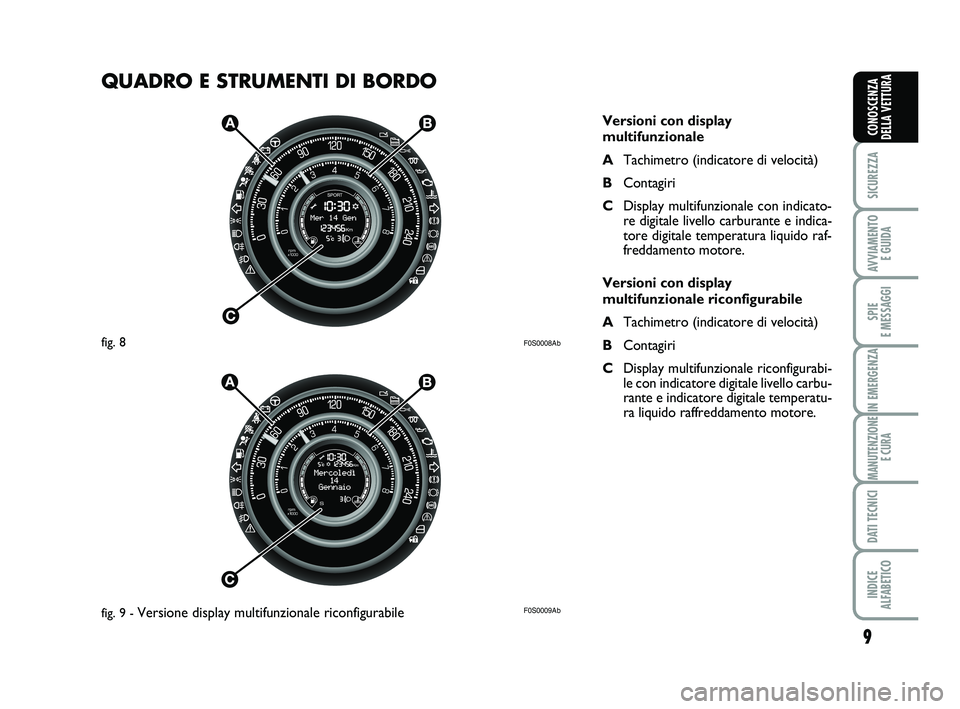 Abarth 500 2010  Libretto Uso Manutenzione (in Italian) QUADRO E STRUMENTI DI BORDO
9
SICUREZZA
AVVIAMENTO 
E GUIDA
SPIE 
E MESSAGGI
IN EMERGENZA
MANUTENZIONE
E CURA
DATI TECNICI
INDICE 
ALFABETICO
CONOSCENZA
DELLA VETTURA
F0S0008Ab
F0S0009Ab
Versioni con 