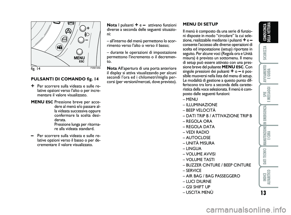 Abarth 500 2011  Libretto Uso Manutenzione (in Italian) 
13

SICUREZZA

AVVIAMENTO E GUIDA

SPIE 
E MESSAGGI

IN EMERGENZA

MANUTENZIONE E CURA

DATI TECNICI

INDICE 
ALFABETICO
CONOSCENZA
DELLA VETTURA
PULSANTI DI COMANDO fig. 14
+Per scorrere sulla videa