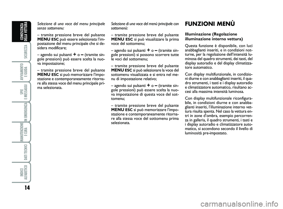 Abarth 500 2012  Libretto Uso Manutenzione (in Italian) 14
SICUREZZA
AVVIAMENTO 
E GUIDA
SPIE 
E MESSAGGI
IN EMERGENZA
MANUTENZIONE
E CURA 
DATI TECNICI
INDICE 
ALFABETICO
CONOSCENZA
DELLA VETTURA
Selezione di una voce del menu principale 
senza sottomenu: