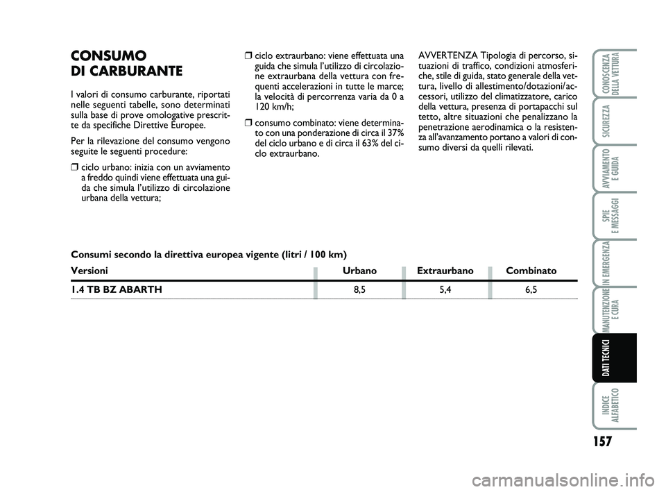 Abarth 500 2011 Libretto Uso Manutenzione (in Italian) ❒ciclo extraurbano: viene effettuata una
guida che simula l’utilizzo di circolazio-
ne extraurbana della vettura con fre-
quenti accelerazioni in tutte le marce;
la velocità di percorrenza varia Abarth 500 2011 Libretto Uso Manutenzione (in Italian) ❒ciclo extraurbano: viene effettuata una
guida che simula l’utilizzo di circolazio-
ne extraurbana della vettura con fre-
quenti accelerazioni in tutte le marce;
la velocità di percorrenza varia