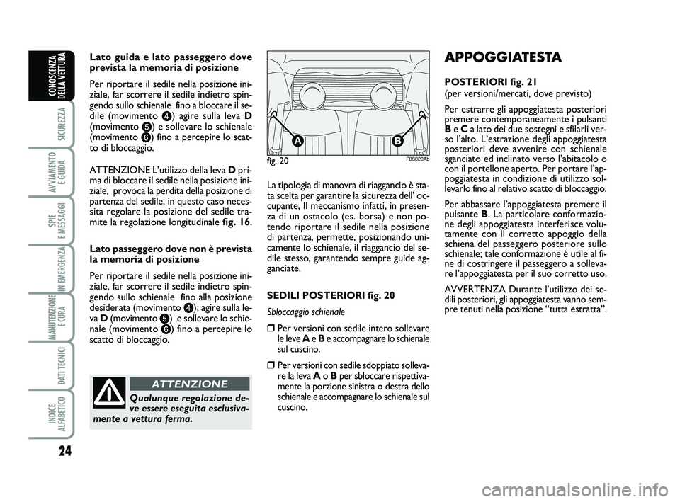 Abarth 500 2012  Libretto Uso Manutenzione (in Italian) 24
SICUREZZA
AVVIAMENTO 
E GUIDA
SPIE 
E MESSAGGI
IN EMERGENZA
MANUTENZIONE
E CURA 
DATI TECNICI
INDICE 
ALFABETICO
CONOSCENZA
DELLA VETTURA
Lato guida e lato passeggero dove
prevista la memoria di po