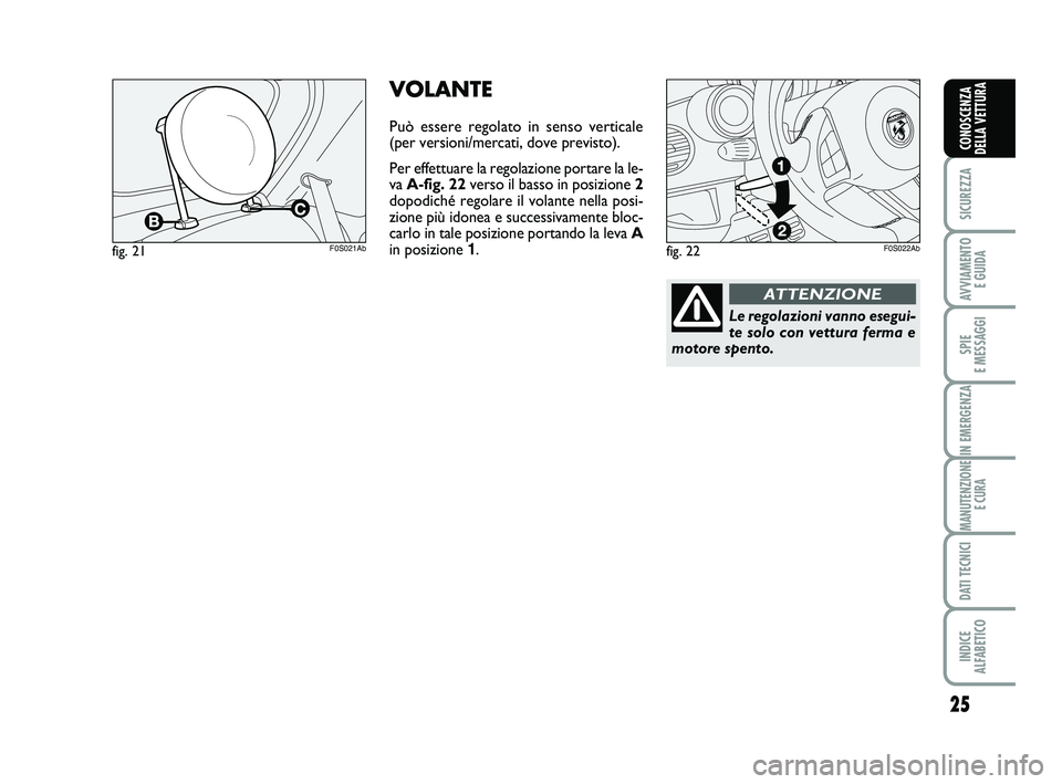 Abarth 500 2011 Libretto Uso Manutenzione (in Italian) 25
SICUREZZA
AVVIAMENTO
E GUIDA
SPIE
E MESSAGGI
IN EMERGENZA
MANUTENZIONE
E CURA
DATI TECNICI
INDICE
ALFABETICO
CONOSCENZA
DELLA VETTURA
fig. 21F0S021Ab
VOLANTE
Può essere regolato in senso vertic Abarth 500 2011 Libretto Uso Manutenzione (in Italian) 25
SICUREZZA
AVVIAMENTO
E GUIDA
SPIE
E MESSAGGI
IN EMERGENZA
MANUTENZIONE
E CURA
DATI TECNICI
INDICE
ALFABETICO
CONOSCENZA
DELLA VETTURA
fig. 21F0S021Ab
VOLANTE
Può essere regolato in senso vertic