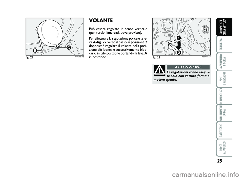 Abarth 500 2012  Libretto Uso Manutenzione (in Italian) 25
SICUREZZA
AVVIAMENTO 
E GUIDA
SPIE 
E MESSAGGI
IN EMERGENZA
MANUTENZIONE
E CURA
DATI TECNICI
INDICE 
ALFABETICO
CONOSCENZA
DELLA VETTURA
fig. 21F0S021Ab
VOLANTE
Può essere regolato in senso vertic