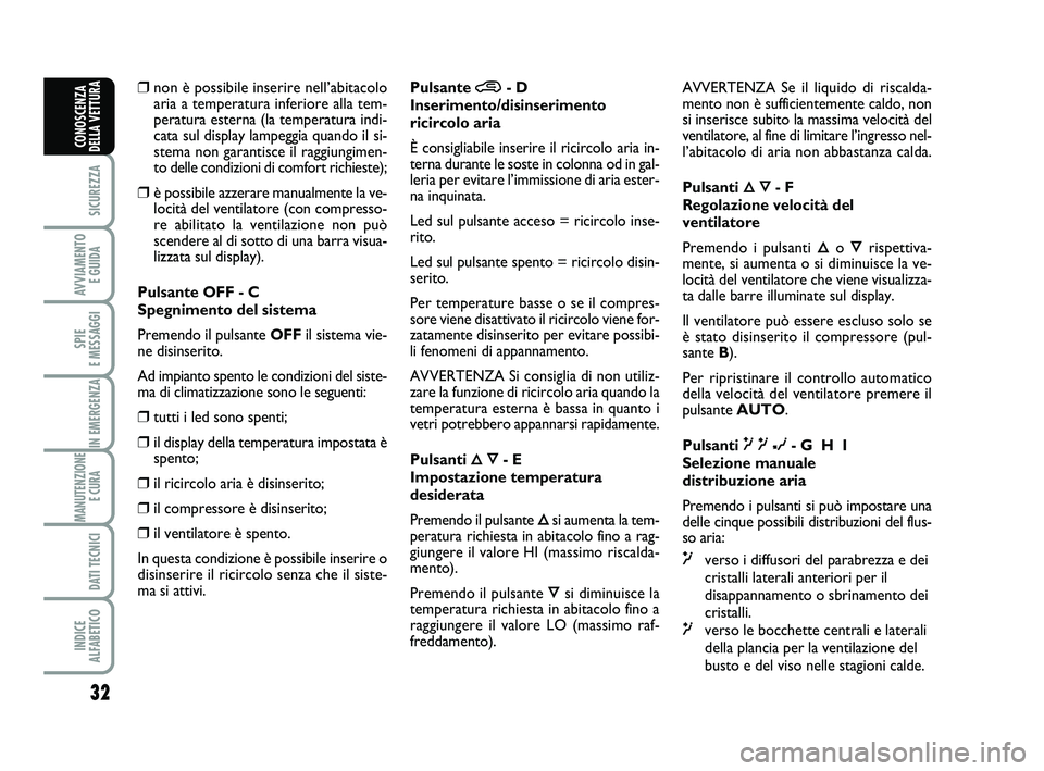 Abarth 500 2011 Libretto Uso Manutenzione (in Italian) 32
SICUREZZA
AVVIAMENTO
E GUIDA
SPIE
E MESSAGGI
IN EMERGENZA
MANUTENZIONE
E CURA
DATI TECNICI
INDICE
ALFABETICO
CONOSCENZA
DELLA VETTURA
❒non è possibile inserire nell’abitacolo
aria a temper Abarth 500 2011 Libretto Uso Manutenzione (in Italian) 32
SICUREZZA
AVVIAMENTO
E GUIDA
SPIE
E MESSAGGI
IN EMERGENZA
MANUTENZIONE
E CURA
DATI TECNICI
INDICE
ALFABETICO
CONOSCENZA
DELLA VETTURA
❒non è possibile inserire nell’abitacolo
aria a temper
