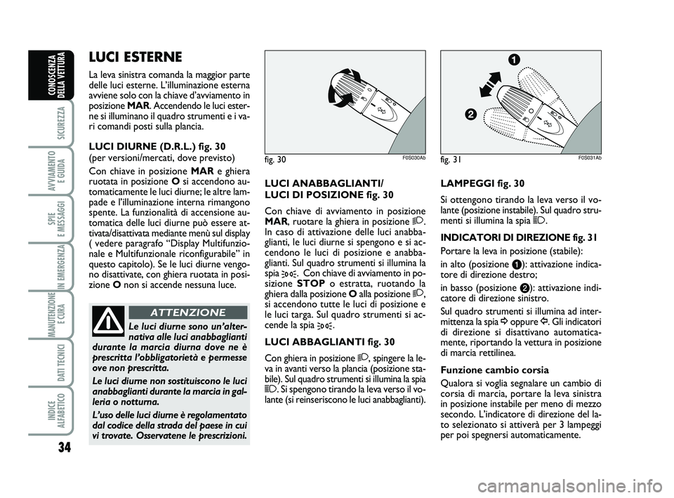 Abarth 500 2011 Libretto Uso Manutenzione (in Italian) 34
SICUREZZA
AVVIAMENTO
E GUIDA
SPIE
E MESSAGGI
IN EMERGENZA
MANUTENZIONE
E CURA
DATI TECNICI
INDICE
ALFABETICO
CONOSCENZA
DELLA VETTURA
LUCI ANABBAGLIANTI/
LUCI DI POSIZIONE fig. 30
Con chiave di Abarth 500 2011 Libretto Uso Manutenzione (in Italian) 34
SICUREZZA
AVVIAMENTO
E GUIDA
SPIE
E MESSAGGI
IN EMERGENZA
MANUTENZIONE
E CURA
DATI TECNICI
INDICE
ALFABETICO
CONOSCENZA
DELLA VETTURA
LUCI ANABBAGLIANTI/
LUCI DI POSIZIONE fig. 30
Con chiave di