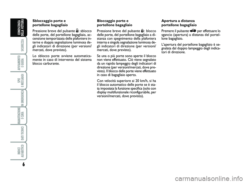 Abarth 500 2011 Libretto Uso Manutenzione (in Italian) 6
SICUREZZA
AVVIAMENTO
E GUIDA
SPIE
E MESSAGGI
IN EMERGENZA
MANUTENZIONE
E CURA
DATI TECNICI
INDICE
ALFABETICO
CONOSCENZA
DELLA VETTURA
Sbloccaggio porte e
portellone bagagliaio
Pressione breve d Abarth 500 2011 Libretto Uso Manutenzione (in Italian) 6
SICUREZZA
AVVIAMENTO
E GUIDA
SPIE
E MESSAGGI
IN EMERGENZA
MANUTENZIONE
E CURA
DATI TECNICI
INDICE
ALFABETICO
CONOSCENZA
DELLA VETTURA
Sbloccaggio porte e
portellone bagagliaio
Pressione breve d