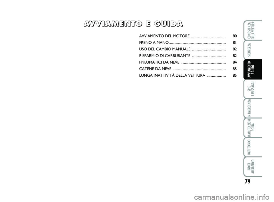 Abarth 500 2011  Libretto Uso Manutenzione (in Italian) 79
SPIE 
E MESSAGGI
IN EMERGENZA
MANUTENZIONE
E CURA
DATI TECNICI
INDICE 
ALFABETICO
CONOSCENZADELLA VETTURA
SICUREZZA
AVVIAMENTO 
E GUIDA
AVVIAMENTO DEL MOTORE .......................................