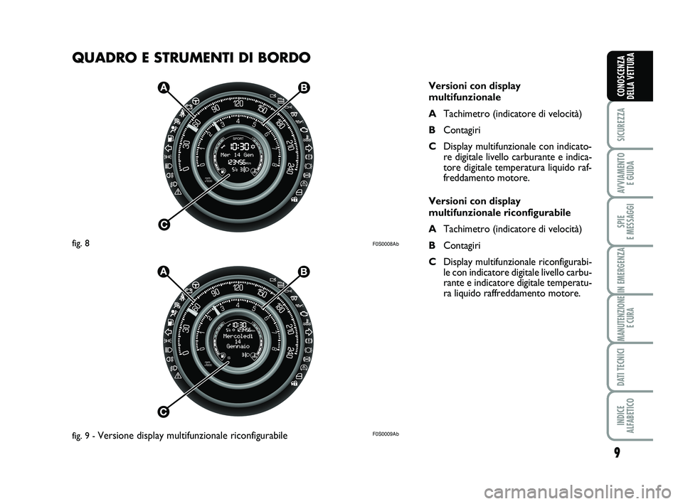 Abarth 500 2011 Libretto Uso Manutenzione (in Italian) QUADRO E STRUMENTI DI BORDO
9
SICUREZZA
AVVIAMENTO
E GUIDA
SPIE
E MESSAGGI
IN EMERGENZA
MANUTENZIONE
E CURA
DATI TECNICI
INDICE
ALFABETICO
CONOSCENZA
DELLA VETTURA
F0S0008Ab
F0S0009Ab
Versioni con Abarth 500 2011 Libretto Uso Manutenzione (in Italian) QUADRO E STRUMENTI DI BORDO
9
SICUREZZA
AVVIAMENTO
E GUIDA
SPIE
E MESSAGGI
IN EMERGENZA
MANUTENZIONE
E CURA
DATI TECNICI
INDICE
ALFABETICO
CONOSCENZA
DELLA VETTURA
F0S0008Ab
F0S0009Ab
Versioni con