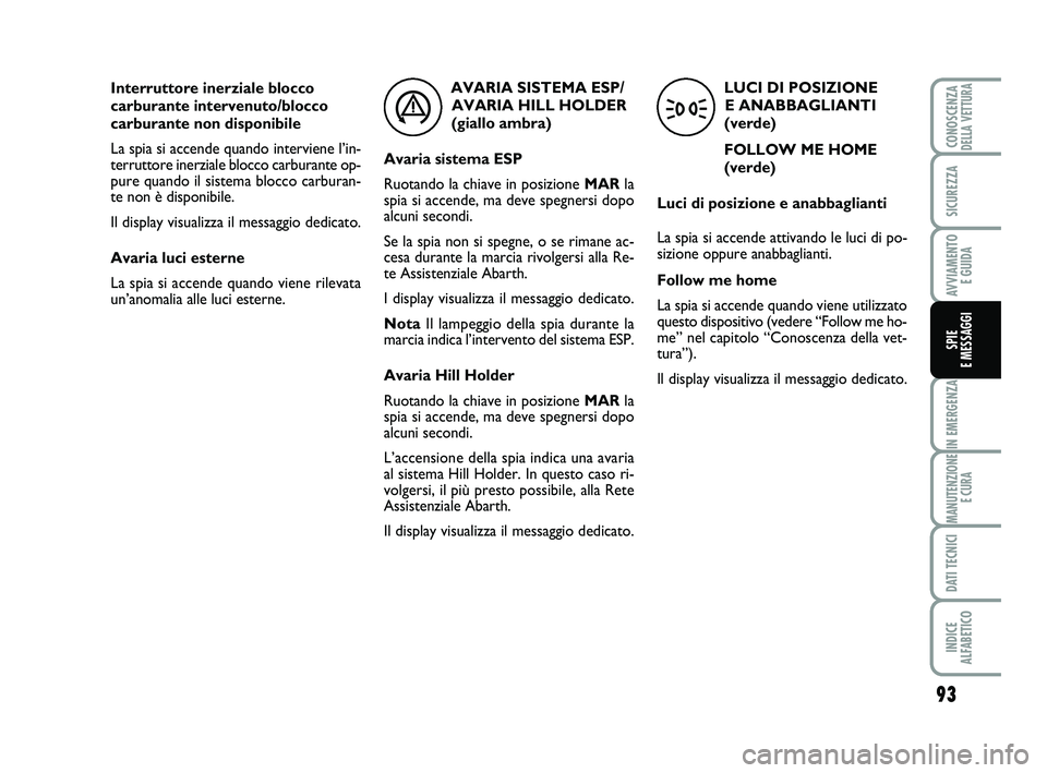 Abarth 500 2011  Libretto Uso Manutenzione (in Italian) 93
IN EMERGENZA
MANUTENZIONE
E CURA
DATI TECNICI
INDICE 
ALFABETICO
CONOSCENZADELLA VETTURA
SICUREZZA
AVVIAMENTO 
E GUIDA
SPIE 
E MESSAGGI
Interruttore inerziale blocco
carburante intervenuto/blocco
c