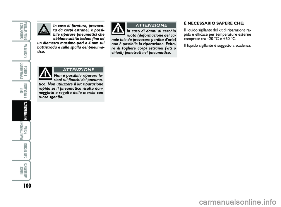 Abarth 500 2014  Libretto Uso Manutenzione (in Italian) 100
SPIE 
E MESSAGGI
MANUTENZIONE
E CURA 
DATI TECNICI
INDICE 
ALFABETICO
CONOSCENZADELLA VETTURA
SICUREZZA
AVVIAMENTO 
E GUIDA
IN EMERGENZA
In caso di danni al cerchio
ruota (deformazione del ca-
nal
