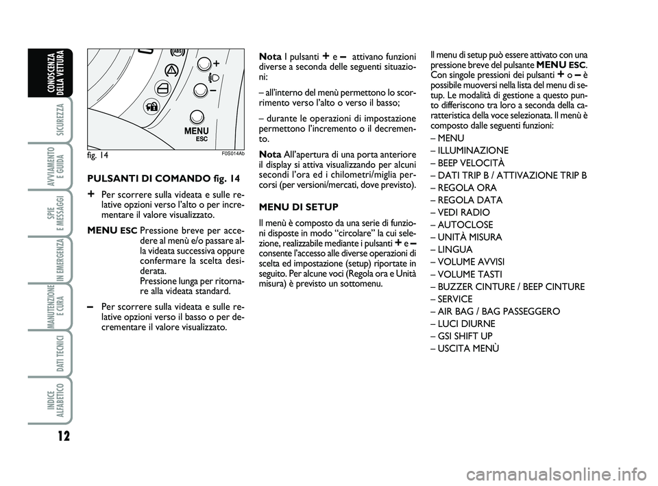 Abarth 500 2013  Libretto Uso Manutenzione (in Italian) 12
SICUREZZA
AVVIAMENTO 
E GUIDA
SPIE 
E MESSAGGI
IN EMERGENZA
MANUTENZIONE
E CURA 
DATI TECNICI
INDICE 
ALFABETICO
CONOSCENZA
DELLA VETTURA
PULSANTI DI COMANDO fig. 14
+Per scorrere sulla videata e s