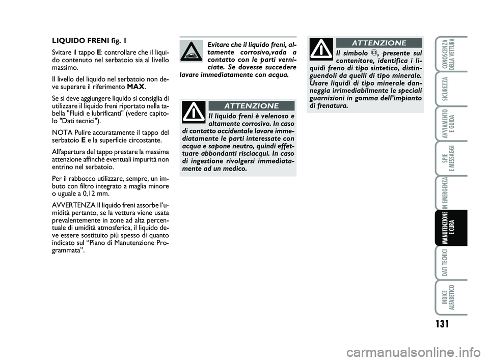 Abarth 500 2014 Libretto Uso Manutenzione (in Italian) 131
SPIE
E MESSAGGI
DATI TECNICI
INDICE
ALFABETICO
CONOSCENZADELLA VETTURA
SICUREZZA
AVVIAMENTO
E GUIDA
IN EMERGENZA
MANUTENZIONE
E CURA
LIQUIDO FRENI fig. 1
Svitare il tappo E:controllare che il l Abarth 500 2014 Libretto Uso Manutenzione (in Italian) 131
SPIE
E MESSAGGI
DATI TECNICI
INDICE
ALFABETICO
CONOSCENZADELLA VETTURA
SICUREZZA
AVVIAMENTO
E GUIDA
IN EMERGENZA
MANUTENZIONE
E CURA
LIQUIDO FRENI fig. 1
Svitare il tappo E:controllare che il l