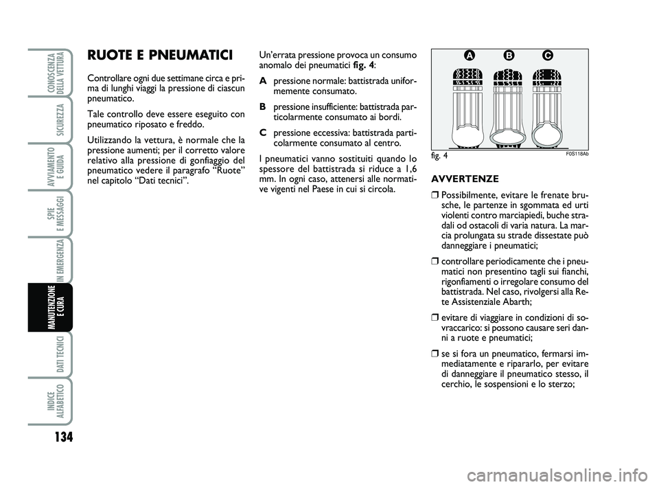 Abarth 500 2014 Libretto Uso Manutenzione (in Italian) 134
SPIE
E MESSAGGI
DATI TECNICI
INDICE
ALFABETICO
CONOSCENZADELLA VETTURA
SICUREZZA
AVVIAMENTO
E GUIDA
IN EMERGENZA
MANUTENZIONE
E CURA
RUOTE E PNEUMATICI
Controllare ogni due settimane circa e p Abarth 500 2014 Libretto Uso Manutenzione (in Italian) 134
SPIE
E MESSAGGI
DATI TECNICI
INDICE
ALFABETICO
CONOSCENZADELLA VETTURA
SICUREZZA
AVVIAMENTO
E GUIDA
IN EMERGENZA
MANUTENZIONE
E CURA
RUOTE E PNEUMATICI
Controllare ogni due settimane circa e p