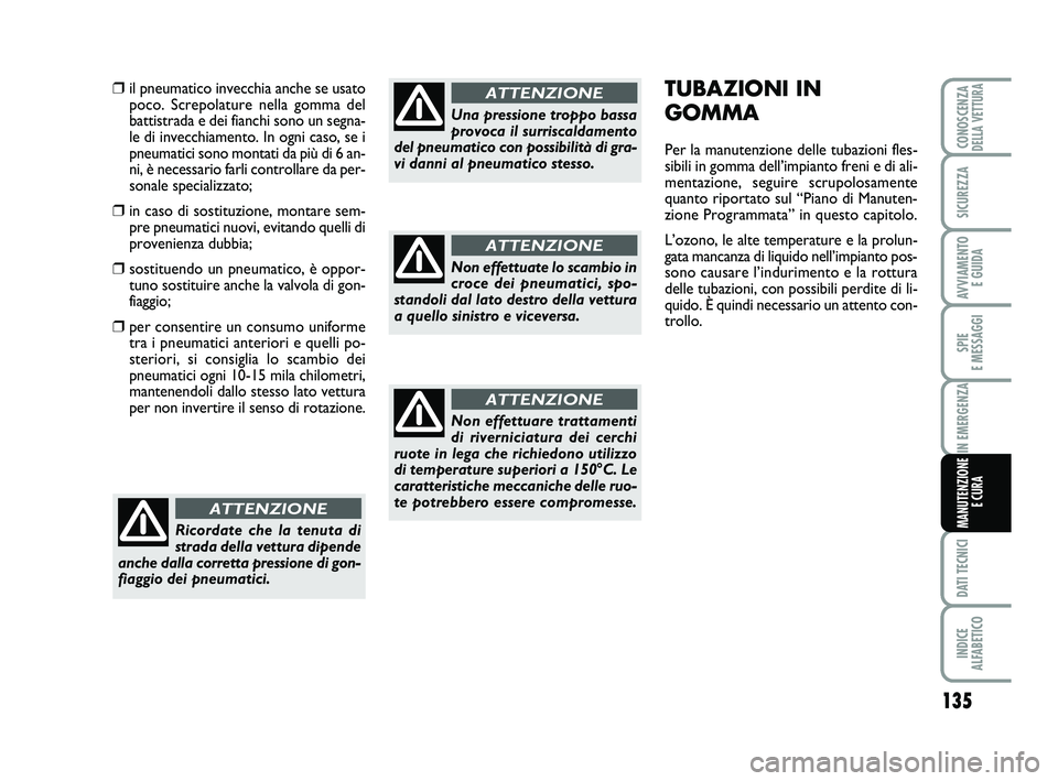 Abarth 500 2014 Libretto Uso Manutenzione (in Italian) 135
SPIE
E MESSAGGI
DATI TECNICI
INDICE
ALFABETICO
CONOSCENZADELLA VETTURA
SICUREZZA
AVVIAMENTO
E GUIDA
IN EMERGENZA
MANUTENZIONE
E CURA
TUBAZIONI IN
GOMMA
Per la manutenzione delle tubazioni fles- Abarth 500 2014 Libretto Uso Manutenzione (in Italian) 135
SPIE
E MESSAGGI
DATI TECNICI
INDICE
ALFABETICO
CONOSCENZADELLA VETTURA
SICUREZZA
AVVIAMENTO
E GUIDA
IN EMERGENZA
MANUTENZIONE
E CURA
TUBAZIONI IN
GOMMA
Per la manutenzione delle tubazioni fles-
