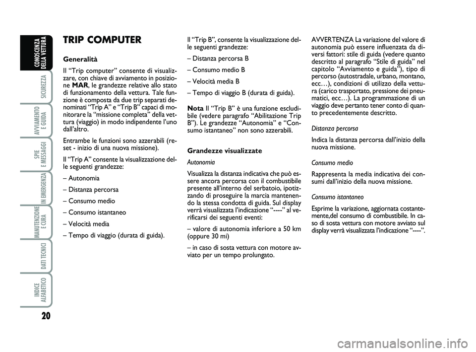 Abarth 500 2014 Libretto Uso Manutenzione (in Italian) 20
SICUREZZA
AVVIAMENTO
E GUIDA
SPIE
E MESSAGGI
IN EMERGENZA
MANUTENZIONE
E CURA
DATI TECNICI
INDICE
ALFABETICO
CONOSCENZA
DELLA VETTURA
TRIP COMPUTER
Generalità
Il “Trip computer” consente d Abarth 500 2014 Libretto Uso Manutenzione (in Italian) 20
SICUREZZA
AVVIAMENTO
E GUIDA
SPIE
E MESSAGGI
IN EMERGENZA
MANUTENZIONE
E CURA
DATI TECNICI
INDICE
ALFABETICO
CONOSCENZA
DELLA VETTURA
TRIP COMPUTER
Generalità
Il “Trip computer” consente d