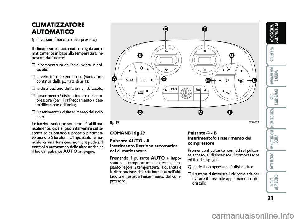 Abarth 500 2014  Libretto Uso Manutenzione (in Italian) 31
SICUREZZA
AVVIAMENTO 
E GUIDA
SPIE 
E MESSAGGI
IN EMERGENZA
MANUTENZIONE
E CURA
DATI TECNICI
INDICE 
ALFABETICO
CONOSCENZA
DELLA VETTURA
CLIMATIZZATORE
AUTOMATICO 
(per versioni/mercati, dove previ
