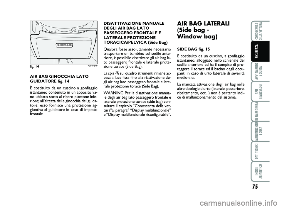 Abarth 500 2014 Libretto Uso Manutenzione (in Italian) 75
AVVIAMENTO
E GUIDA
SPIE
E MESSAGGI
IN EMERGENZA
MANUTENZIONE
E CURA
DATI TECNICI
INDICE
ALFABETICO
CONOSCENZADELLA VETTURA
SICUREZZA
AIR BAG GINOCCHIA LATO
GUIDATORE fig. 14
È costituito da un Abarth 500 2014 Libretto Uso Manutenzione (in Italian) 75
AVVIAMENTO
E GUIDA
SPIE
E MESSAGGI
IN EMERGENZA
MANUTENZIONE
E CURA
DATI TECNICI
INDICE
ALFABETICO
CONOSCENZADELLA VETTURA
SICUREZZA
AIR BAG GINOCCHIA LATO
GUIDATORE fig. 14
È costituito da un