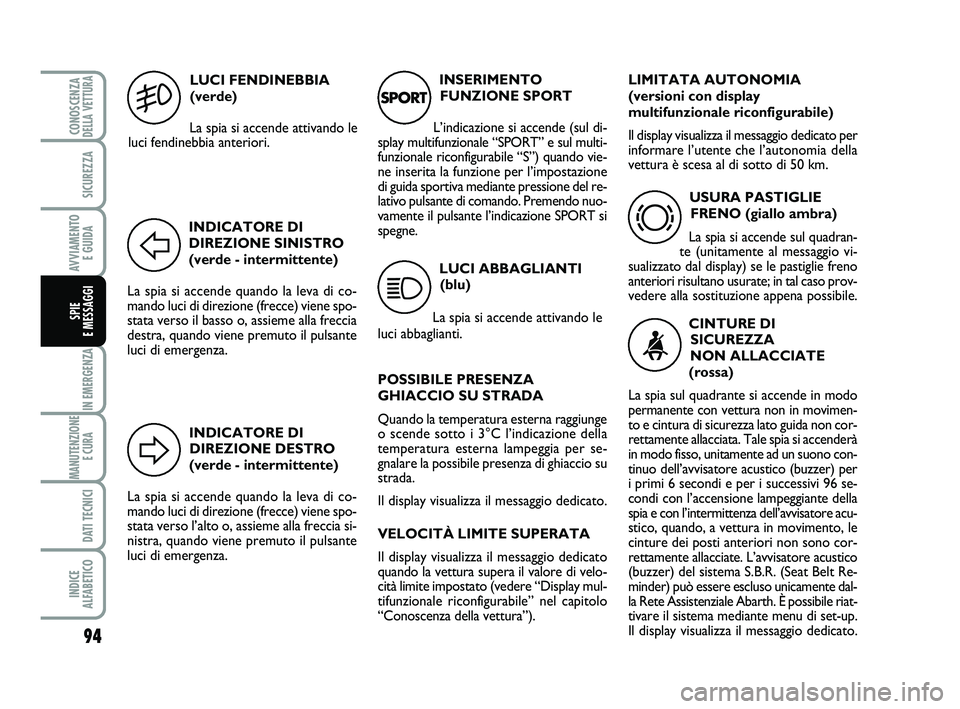 Abarth 500 2014  Libretto Uso Manutenzione (in Italian) INDICATORE DI
DIREZIONE DESTRO
(verde - intermittente)
La spia si accende quando la leva di co-
mando luci di direzione (frecce) viene spo-
stata verso l’alto o, assieme alla freccia si-
nistra, qua