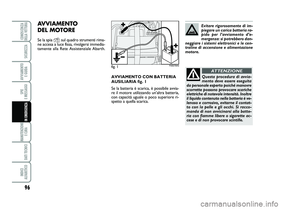 Abarth 500 2014  Libretto Uso Manutenzione (in Italian) AVVIAMENTO CON BATTERIA
AUSILIARIA fig. 1
Se la batteria è scarica, è possibile avvia-
re il motore utilizzando un’altra batteria,
con capacità uguale o poco superiore ri-
spetto a quella scarica