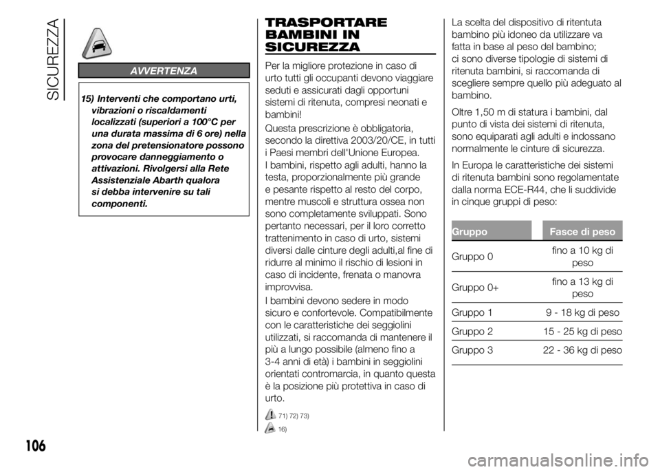 Abarth 500 2015  Libretto Uso Manutenzione (in Italian) AVVERTENZA
15) Interventi che comportano urti,
vibrazioni o riscaldamenti
localizzati (superiori a 100°C per
una durata massima di 6 ore) nella
zona del pretensionatore possono
provocare danneggiamen