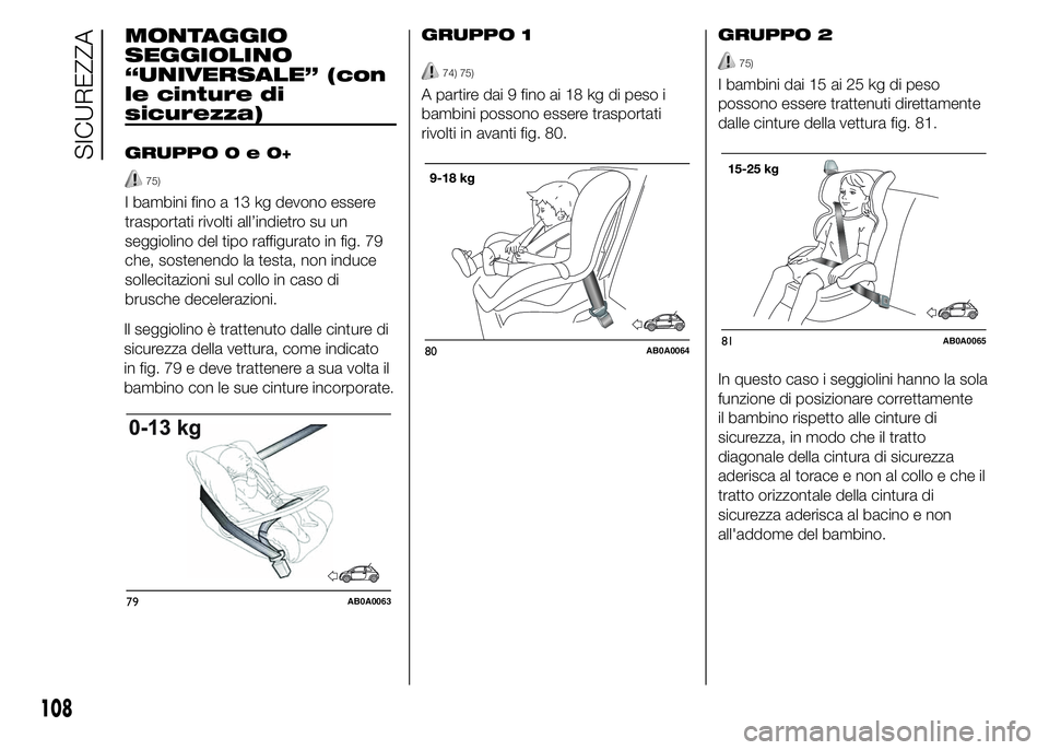 Abarth 500 2015  Libretto Uso Manutenzione (in Italian) MONTAGGIO
SEGGIOLINO
“UNIVERSALE” (con
le cinture di
sicurezza)
GRUPPO0e0+
75)
I bambini fino a 13 kg devono essere
trasportati rivolti all’indietro su un
seggiolino del tipo raffigurato in fig.