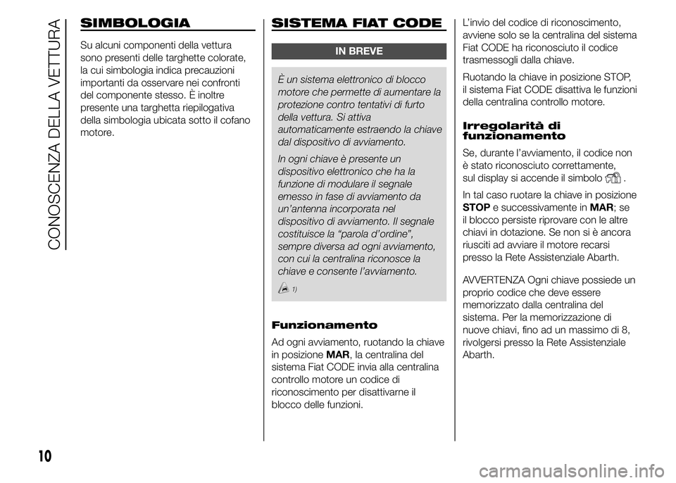 Abarth 500 2015  Libretto Uso Manutenzione (in Italian) SIMBOLOGIA
Su alcuni componenti della vettura
sono presenti delle targhette colorate,
la cui simbologia indica precauzioni
importanti da osservare nei confronti
del componente stesso. È inoltre
prese