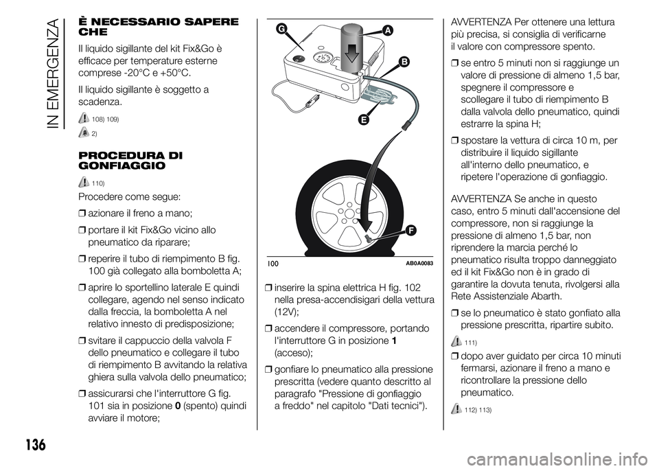 Abarth 500 2015 Libretto Uso Manutenzione (in Italian) È NECESSARIO SAPERE
CHE
Il liquido sigillante del kit Fix&Go è
efficace per temperature esterne
comprese -20°C e +50°C.
Il liquido sigillante è soggetto a
scadenza.
108) 109)
2)
PROCEDURA DI
GONF Abarth 500 2015 Libretto Uso Manutenzione (in Italian) È NECESSARIO SAPERE
CHE
Il liquido sigillante del kit Fix&Go è
efficace per temperature esterne
comprese -20°C e +50°C.
Il liquido sigillante è soggetto a
scadenza.
108) 109)
2)
PROCEDURA DI
GONF