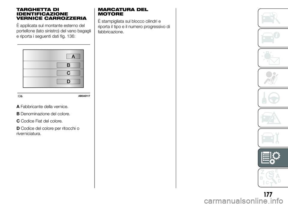 Abarth 500 2015  Libretto Uso Manutenzione (in Italian) TARGHETTA DI
IDENTIFICAZIONE
VERNICE CARROZZERIA
È applicata sul montante esterno del
portellone (lato sinistro) del vano bagagli
e riporta i seguenti dati fig. 136:
AFabbricante della vernice.
BDeno