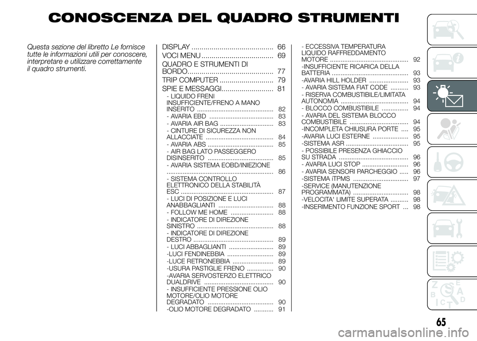 Abarth 500 2015  Libretto Uso Manutenzione (in Italian) CONOSCENZA DEL QUADRO STRUMENTI
Questa sezione del libretto Le fornisce
tutte le informazioni utili per conoscere,
interpretare e utilizzare correttamente
il quadro strumenti.DISPLAY .................