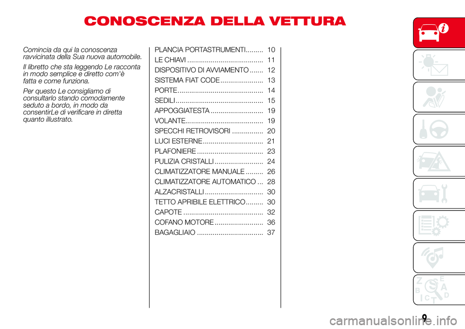 Abarth 500 2017  Libretto Uso Manutenzione (in Italian) CONOSCENZA DELLA VETTURA
Comincia da qui la conoscenza
ravvicinata della Sua nuova automobile.
Il libretto che sta leggendo Le racconta
in modo semplice e diretto com'è
fatta e come funziona.
Per