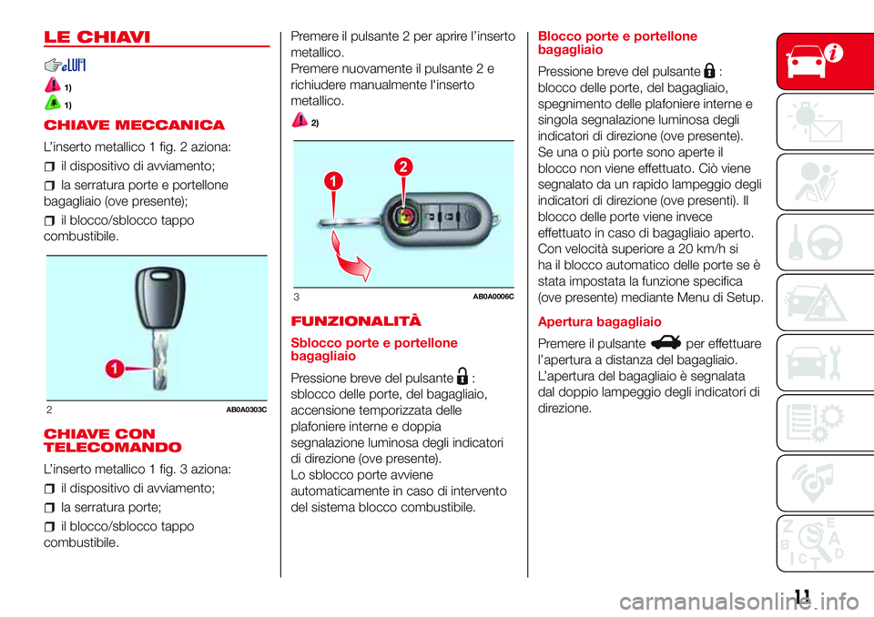Abarth 500 2017  Libretto Uso Manutenzione (in Italian) LE CHIAVI
1)
1)
CHIAVE MECCANICA
L’inserto metallico 1 fig. 2 aziona:
il dispositivo di avviamento;
la serratura porte e portellone
bagagliaio (ove presente);
il blocco/sblocco tappo
combustibile.
C
