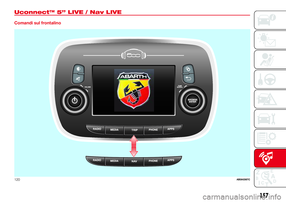 Abarth 500 2017 Libretto Uso Manutenzione (in Italian) Uconnect™ 5” LIVE / Nav LIVE
Comandi sul frontalino
TRIP
120AB0A0367C
157 Abarth 500 2017 Libretto Uso Manutenzione (in Italian) Uconnect™ 5” LIVE / Nav LIVE
Comandi sul frontalino
TRIP
120AB0A0367C
157