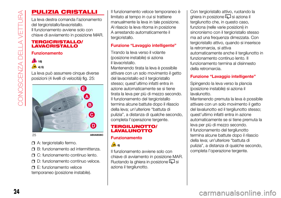 Abarth 500 2017 Libretto Uso Manutenzione (in Italian) PULIZIA CRISTALLI
La leva destra comanda l’azionamento
del tergicristallo/lavacristallo.
Il funzionamento avviene solo con
chiave di avviamento in posizione MAR.
TERGICRISTALLO/
LAVACRISTALLO
Funzio Abarth 500 2017 Libretto Uso Manutenzione (in Italian) PULIZIA CRISTALLI
La leva destra comanda l’azionamento
del tergicristallo/lavacristallo.
Il funzionamento avviene solo con
chiave di avviamento in posizione MAR.
TERGICRISTALLO/
LAVACRISTALLO
Funzio
