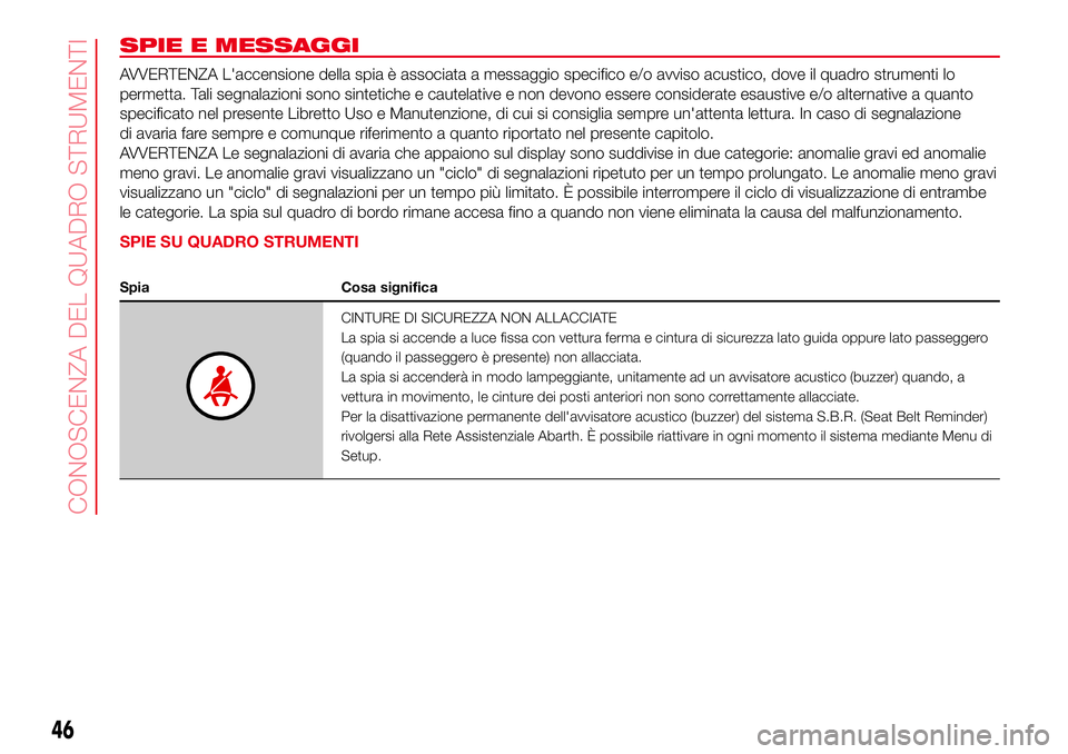 Abarth 500 2017 Libretto Uso Manutenzione (in Italian) SPIE E MESSAGGI
AVVERTENZA L'accensione della spia è associata a messaggio specifico e/o avviso acustico, dove il quadro strumenti lo
permetta. Tali segnalazioni sono sintetiche e cautelative e n Abarth 500 2017 Libretto Uso Manutenzione (in Italian) SPIE E MESSAGGI
AVVERTENZA L'accensione della spia è associata a messaggio specifico e/o avviso acustico, dove il quadro strumenti lo
permetta. Tali segnalazioni sono sintetiche e cautelative e n