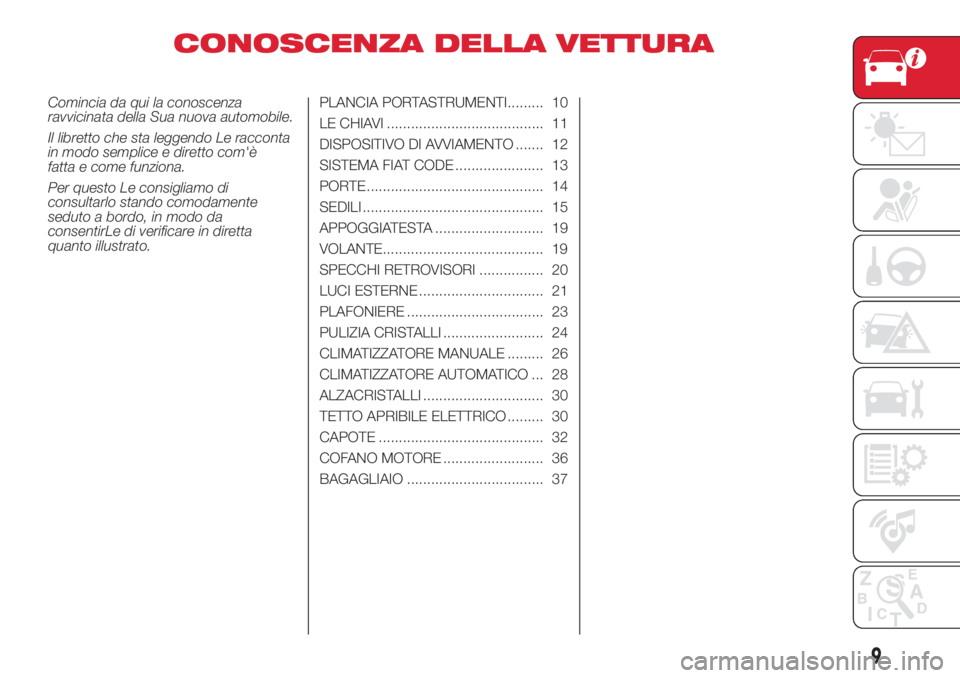 Abarth 500 2018 Libretto Uso Manutenzione (in Italian) CONOSCENZA DELLA VETTURA
Comincia da qui la conoscenza
ravvicinata della Sua nuova automobile.
Il libretto che sta leggendo Le racconta
in modo semplice e diretto com'è
fatta e come funziona.
Per Abarth 500 2018 Libretto Uso Manutenzione (in Italian) CONOSCENZA DELLA VETTURA
Comincia da qui la conoscenza
ravvicinata della Sua nuova automobile.
Il libretto che sta leggendo Le racconta
in modo semplice e diretto com'è
fatta e come funziona.
Per