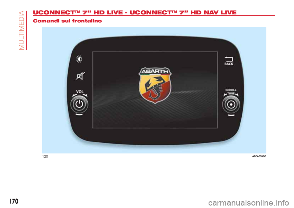 Abarth 500 2018 Libretto Uso Manutenzione (in Italian) UCONNECT™ 7” HD LIVE - UCONNECT™ 7” HD NAV LIVE.
Comandi sul frontalino
120AB0A0399C
170
MULTIMEDIA Abarth 500 2018 Libretto Uso Manutenzione (in Italian) UCONNECT™ 7” HD LIVE - UCONNECT™ 7” HD NAV LIVE.
Comandi sul frontalino
120AB0A0399C
170
MULTIMEDIA