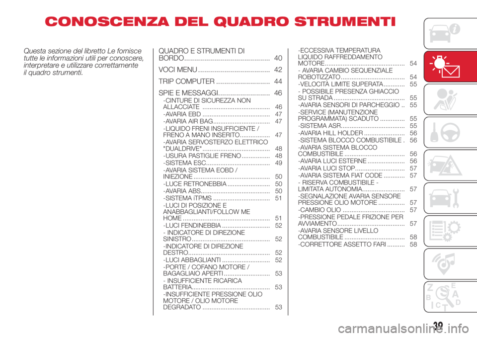 Abarth 500 2018 Libretto Uso Manutenzione (in Italian) CONOSCENZA DEL QUADRO STRUMENTI
Questa sezione del libretto Le fornisce
tutte le informazioni utili per conoscere,
interpretare e utilizzare correttamente
il quadro strumenti.QUADRO E STRUMENTI DI
BOR Abarth 500 2018 Libretto Uso Manutenzione (in Italian) CONOSCENZA DEL QUADRO STRUMENTI
Questa sezione del libretto Le fornisce
tutte le informazioni utili per conoscere,
interpretare e utilizzare correttamente
il quadro strumenti.QUADRO E STRUMENTI DI
BOR