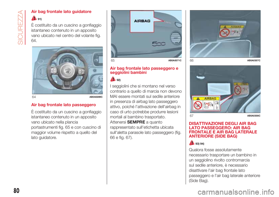 Abarth 500 2018 Libretto Uso Manutenzione (in Italian) Air bag frontale lato guidatore
91)
È costituito da un cuscino a gonfiaggio
istantaneo contenuto in un apposito
vano ubicato nel centro del volante fig.
64.
Air bag frontale lato passeggero
È costit Abarth 500 2018 Libretto Uso Manutenzione (in Italian) Air bag frontale lato guidatore
91)
È costituito da un cuscino a gonfiaggio
istantaneo contenuto in un apposito
vano ubicato nel centro del volante fig.
64.
Air bag frontale lato passeggero
È costit