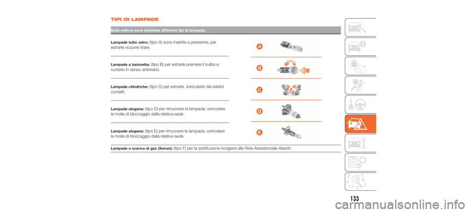 Abarth 500 2019  Libretto Uso Manutenzione (in Italian) TIPI DI LAMPADE
Sulla vettura sono installate differenti tipi di lampade:
Lampade tutto vetro:
(tipo A) sono inserite a pressione, per
estrarle occorre tirare.
Lampade a baionetta:(tipo B) per estrarl