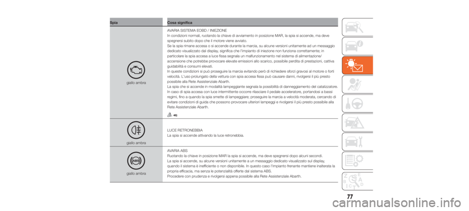 Abarth 500 2019  Libretto Uso Manutenzione (in Italian) SpiaCosa significa
giallo ambraAVARIA SISTEMA EOBD / INIEZIONE
In condizioni normali, ruotando la chiave di avviamento in posizione MAR, la spia si accende, ma deve
spegnersi subito dopo che il motore