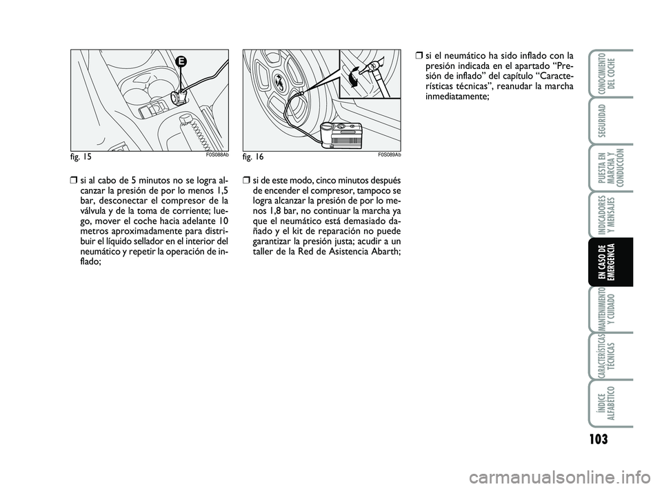 Abarth 500 2008  Manual de Empleo y Cuidado (in Spanish) 103
INDICADORES
Y MENSAJES
MANTENIMIENTOY CUIDADO
CARACTERÍSTICASTÉCNICAS
ÍNDICE
ALFABÉTICO
CONOCIMIENTODEL COCHE
SEGURIDAD
PUESTA EN
MARCHA Y
CONDUCCIÓN
EN CASO DE
EMERGENCIA
❒si al cabo de 5 